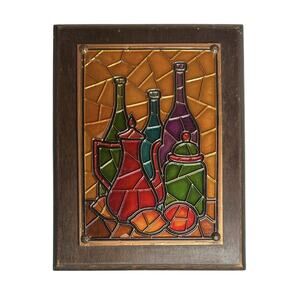 Vtg 70s Pressed Copper Wall Art on Wood Wine Bottles Coffee Pot Lemons Colorful